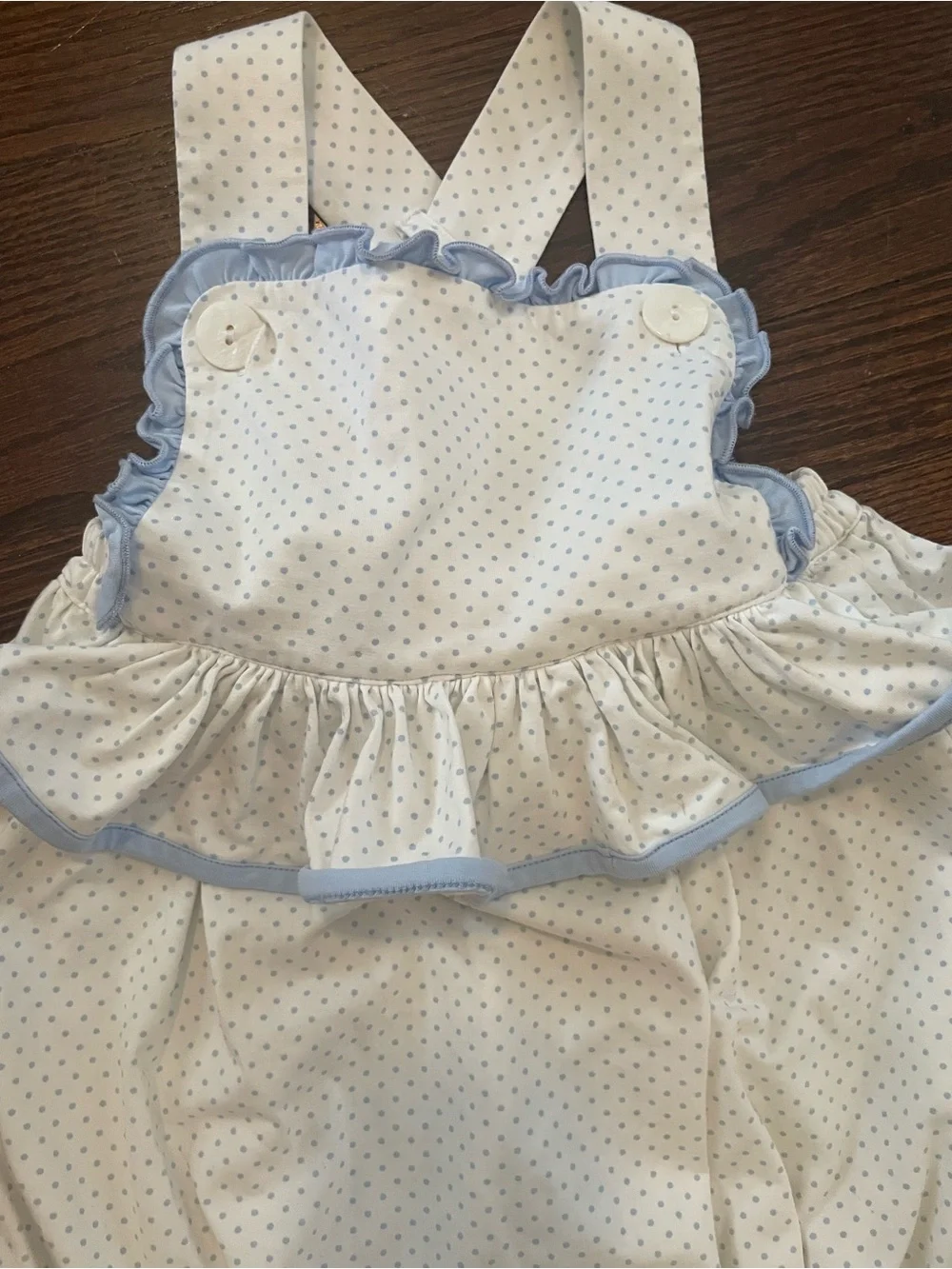 Girls Ruffle Bubble Romper with Light Blue Trim